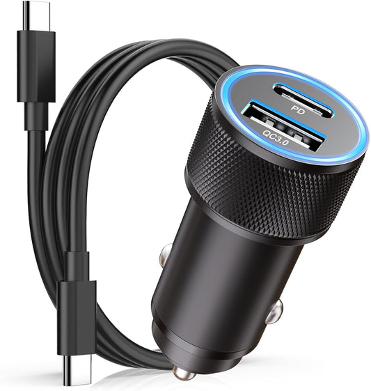 Car Charger C 60W, USB Car Cigarette Lighter Adapter PD&QC3.0 Quick Charge Car Phone Charger with USB C Cable for Samsung Galaxy S25 S24 S23 S22 S21, iPhone 16 15 Pro Max/Plus