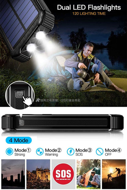 Solar Power Bank 30000mAh Built in 3 Cables, Fast Charging Portable Phone Charger,4 Outputs with Dual LED Flashlights Battery Pack for iPhone Samsung Tablet Outdoor Camping (Black)