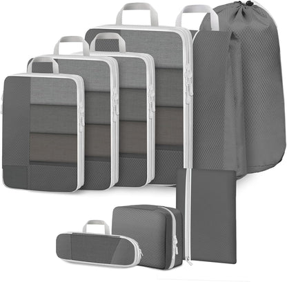 Avmvnvc 9-Piece Suitcase Organizer, Compression Packing Cube, Space-Saving Organizers, Travel Organizer Set, Dividers Suitcase for Clothes, Shoes, Cosmetics, Grey