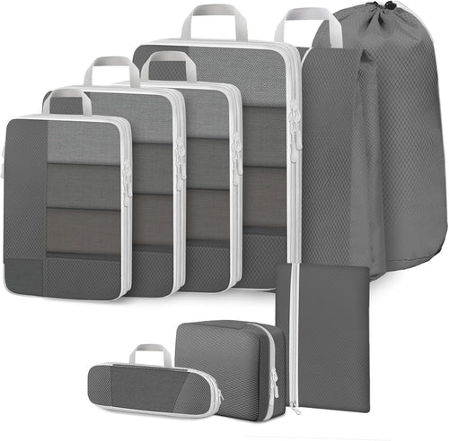 Avmvnvc 9-Piece Suitcase Organizer, Compression Packing Cube, Space-Saving Organizers, Travel Organizer Set, Dividers Suitcase for Clothes, Shoes, Cosmetics, Grey