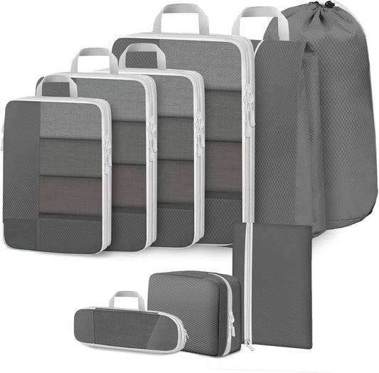 Avmvnvc 9-Piece Suitcase Organizer, Compression Packing Cube, Space-Saving Organizers, Travel Organizer Set, Dividers Suitcase for Clothes, Shoes, Cosmetics, Grey