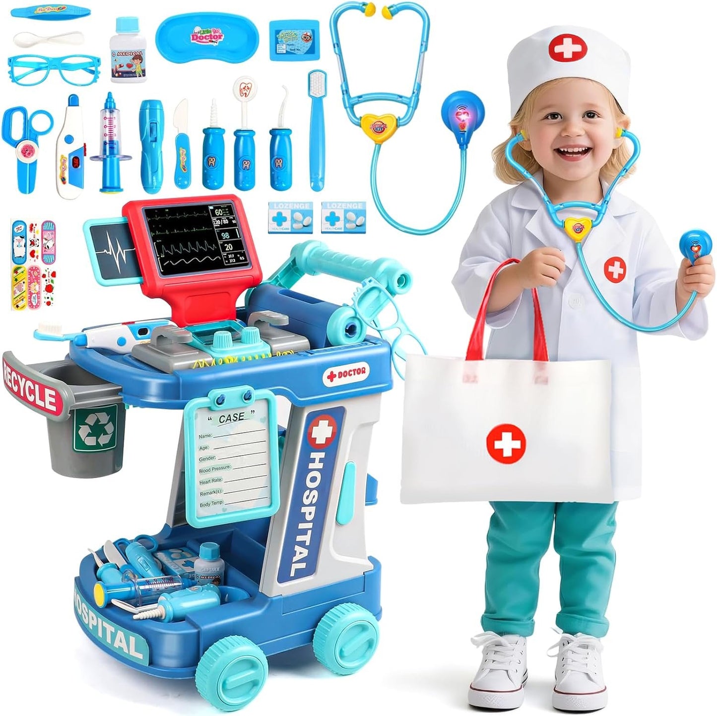 Doctor Kit Kids Toys for 3 Year Old Girl Boy 28 PCS Dentist Kit Pretend Play Doctor Costume Cart Set Dress Up Medical Kit Role Play for 3 4 5 Year Old Girls Toddler Christmas Birthday Gifts