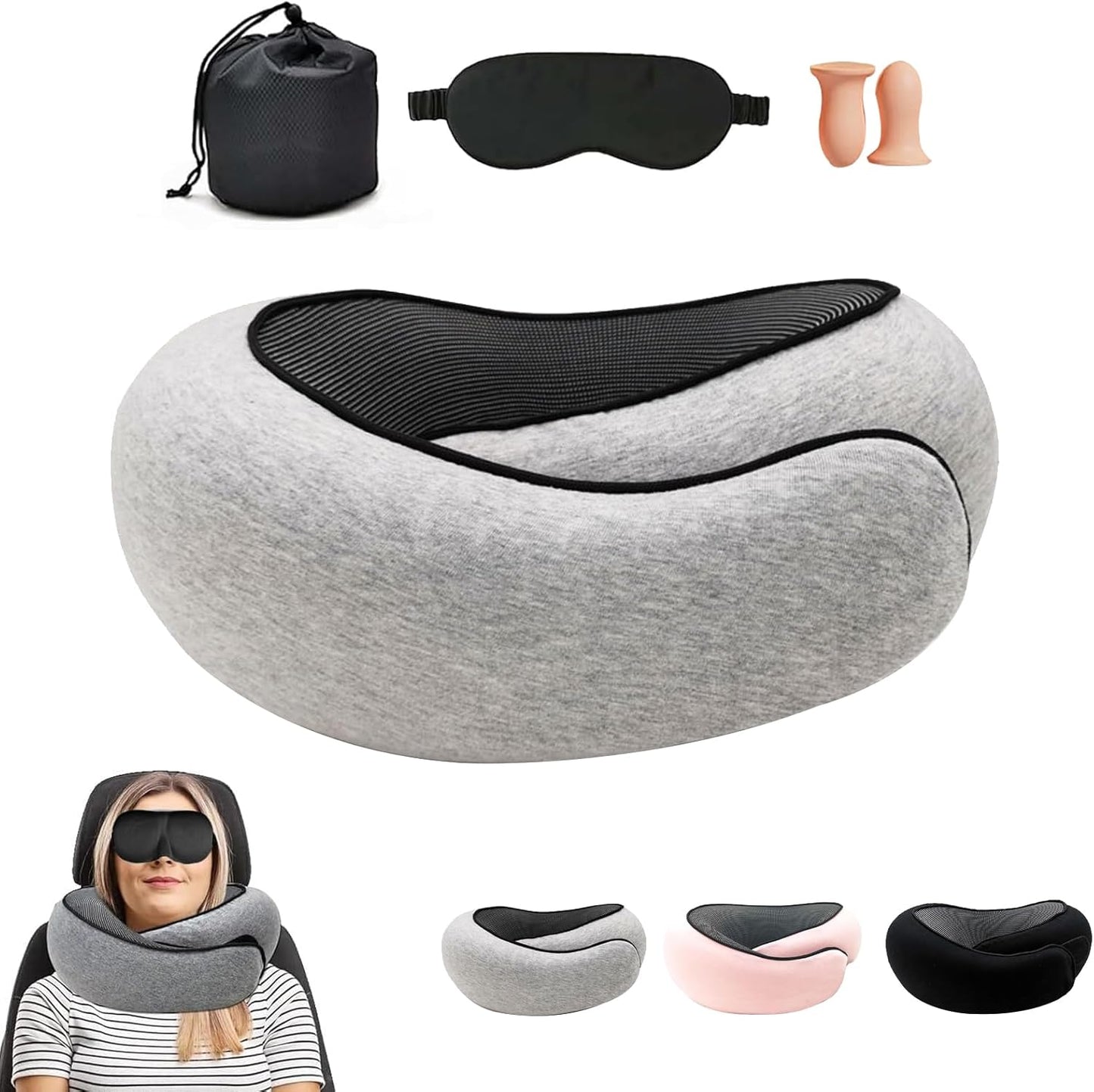 PORIYA 2024 New Memory Foam Travel Neck Pillow with Complimentary Eye Mask, Earplugs, and Storage Bag for an Enhanced Travel Experience (Grey)