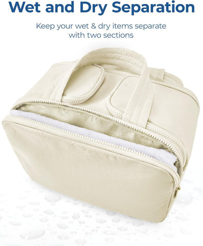 TBAGSMART Travel Toiletry Bag, Lightweight Large Wide-open Toiletry Bag for Women, Puffy Cosmetic Makeup Bag Organizer with Handle for Accessories,Essentials, Toiletrie, Grayish Brown, Large, Puffy