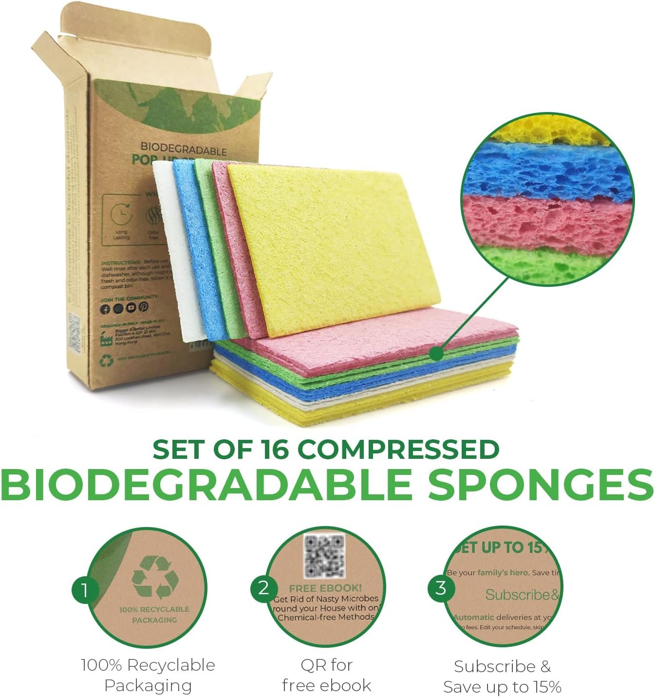 AIRNEX Biodegradable Compressed Cellulose Sponges - Pack of 16 Multicolour Pop Up Kitchen Sponges for Dishes - Non scratch Natural Eco Household Cleaning Sponges - Multipurpose Heavy Duty Dish Sponges