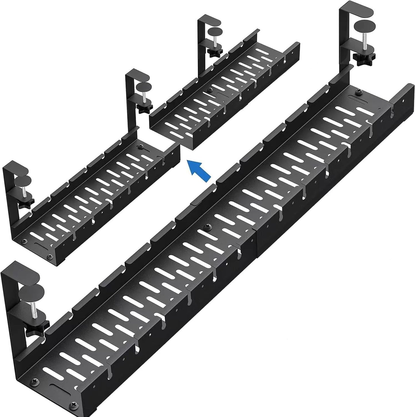 No Drill Extendable Underdesk Cable Management Tray, Retractable Bracket With Clamps, Carbon Steel Concealment Shelf 12" to 21.65", Accessory (Black)