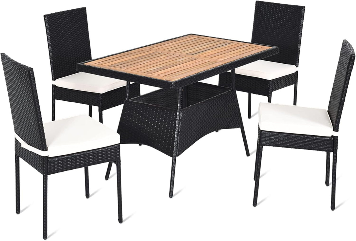 DORTALA 5-Piece Patio Dining Set, Rattan Furniture Set with Acacia Wood Tabletop Table, Chairs, Cushions, Outdoor Wicker Chair & Table Set for Backyard Porch Poolside
