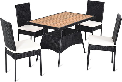 DORTALA 5-Piece Patio Dining Set, Rattan Furniture Set with Acacia Wood Tabletop Table, Chairs, Cushions, Outdoor Wicker Chair & Table Set for Backyard Porch Poolside