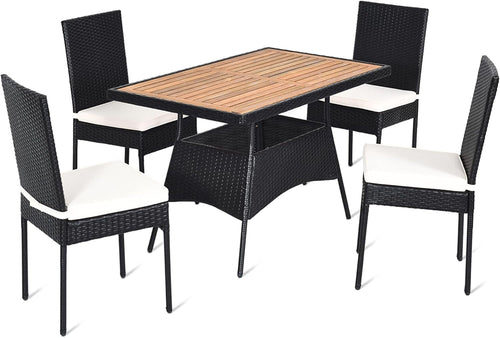 DORTALA 5-Piece Patio Dining Set, Rattan Furniture Set with Acacia Wood Tabletop Table, Chairs, Cushions, Outdoor Wicker Chair & Table Set for Backyard Porch Poolside