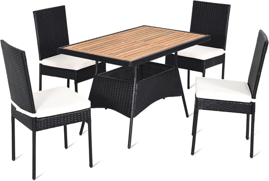 DORTALA 5-Piece Patio Dining Set, Rattan Furniture Set with Acacia Wood Tabletop Table, Chairs, Cushions, Outdoor Wicker Chair & Table Set for Backyard Porch Poolside