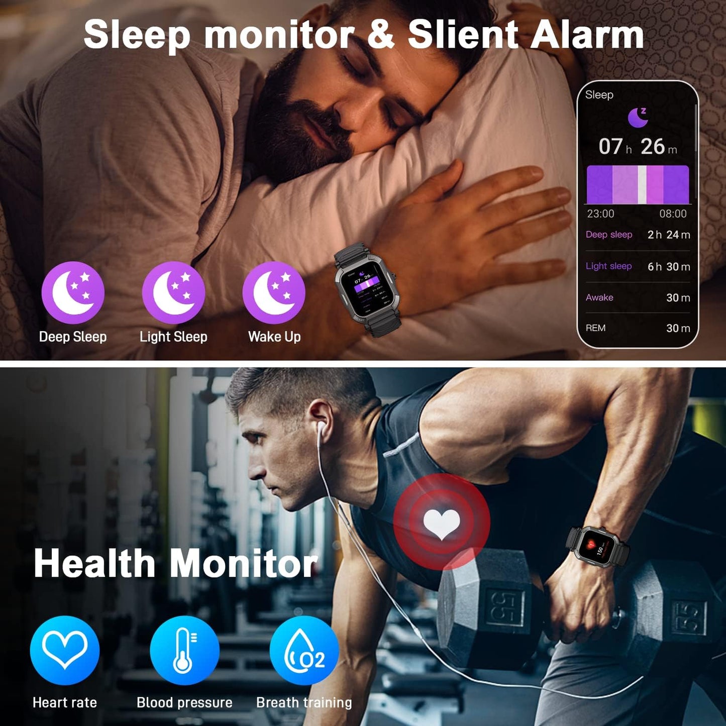 Waterproof Men's Fitness Watch Smartwatch: Bluetooth Calling and Hands-Free Response Military Smart Watch Tracker Heart Rate Monitor Pedometer Blood Pressure Calorie Sports for Android iOS