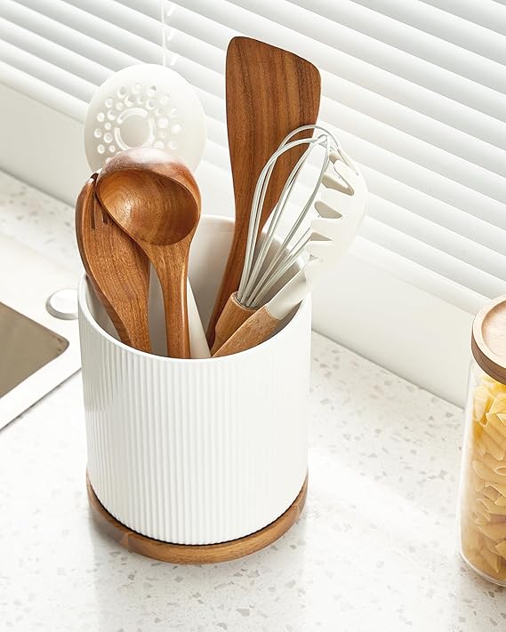 getstar 360 Rotating Large Kitchen Utensil Holder, Ceramic Cooking Utensil Holder for Kitchen Counter with Rotatable and Detachable Wooden Base
