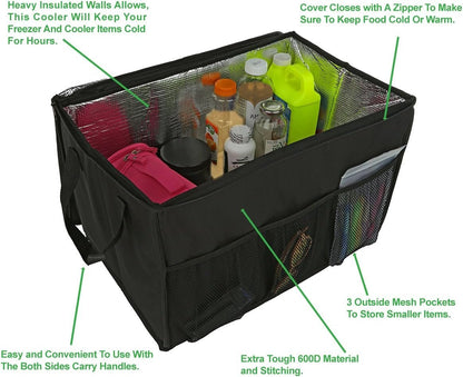 lebogner Insulated Car Console Organizer X-Large Vacation Trunk Cooler Box For Hot Or Cold Food While Traveling, Collapsible Travel Or Shopping Carry Basket, Outdoor Picnic Bag For Camping