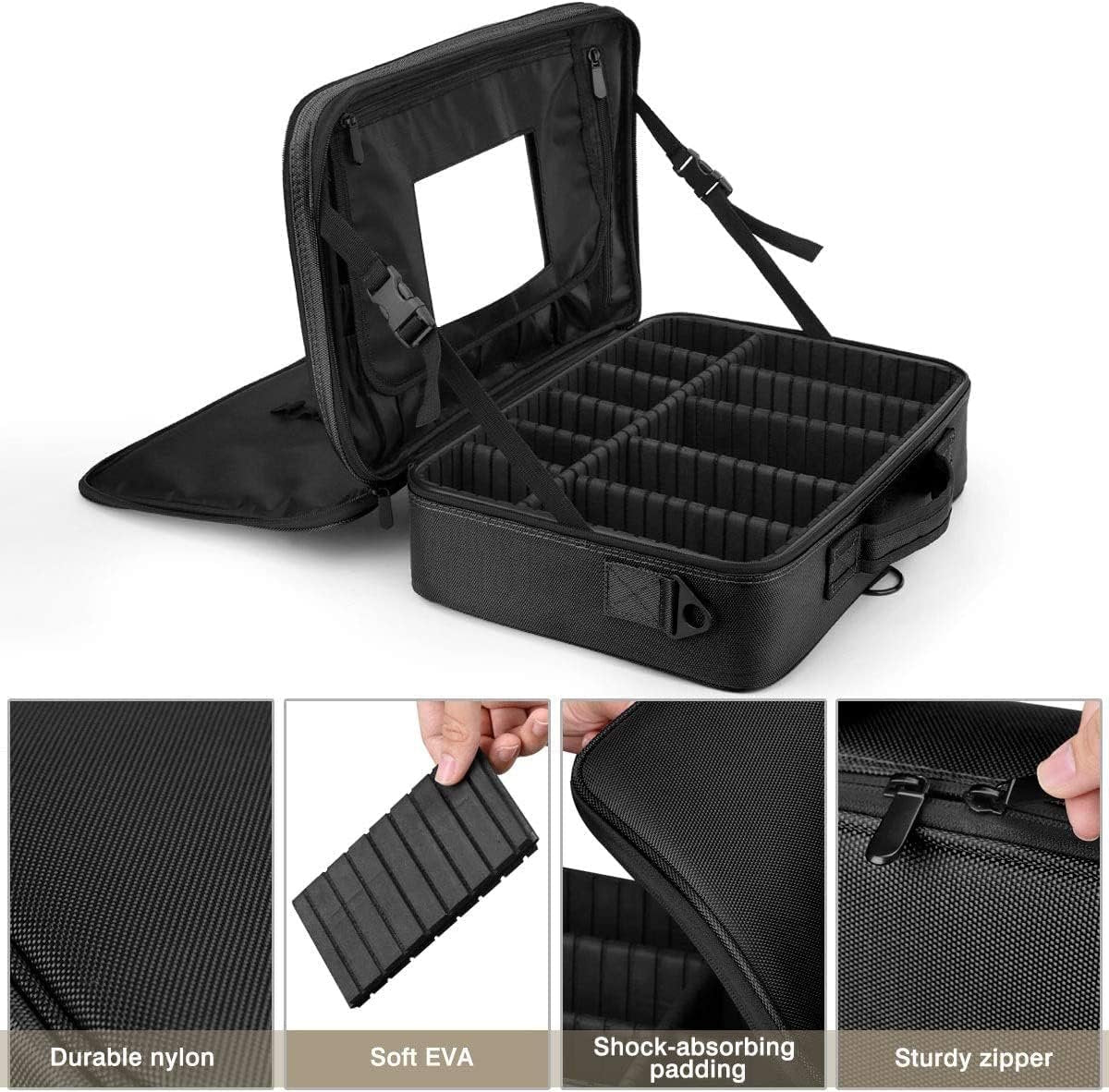 Luxspire Travel Makeup Bag Cosmetic Case, 3 Layer Large Professional Makeup Travel Train Case, Large Portable Makeup Brush Holder Organizer Artist Storage Bag with Shoulder Strap Mirror, Black