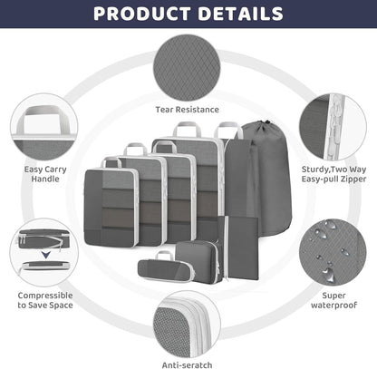 Avmvnvc 9-Piece Suitcase Organizer, Compression Packing Cube, Space-Saving Organizers, Travel Organizer Set, Dividers Suitcase for Clothes, Shoes, Cosmetics, Grey