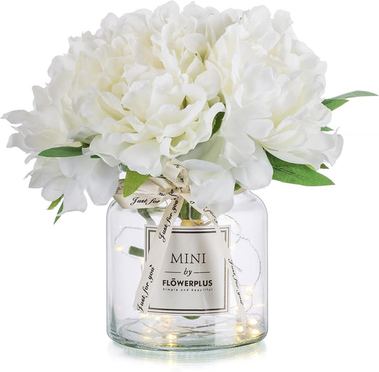 White Fake Flowers with Vase: Blosmon Small Coffee Table Decor Bathroom Peony Faux Flowers in Vase Office Desk Shelf Home Living Room Bedroom Vanity nightstand Decorations Floral Arrangement