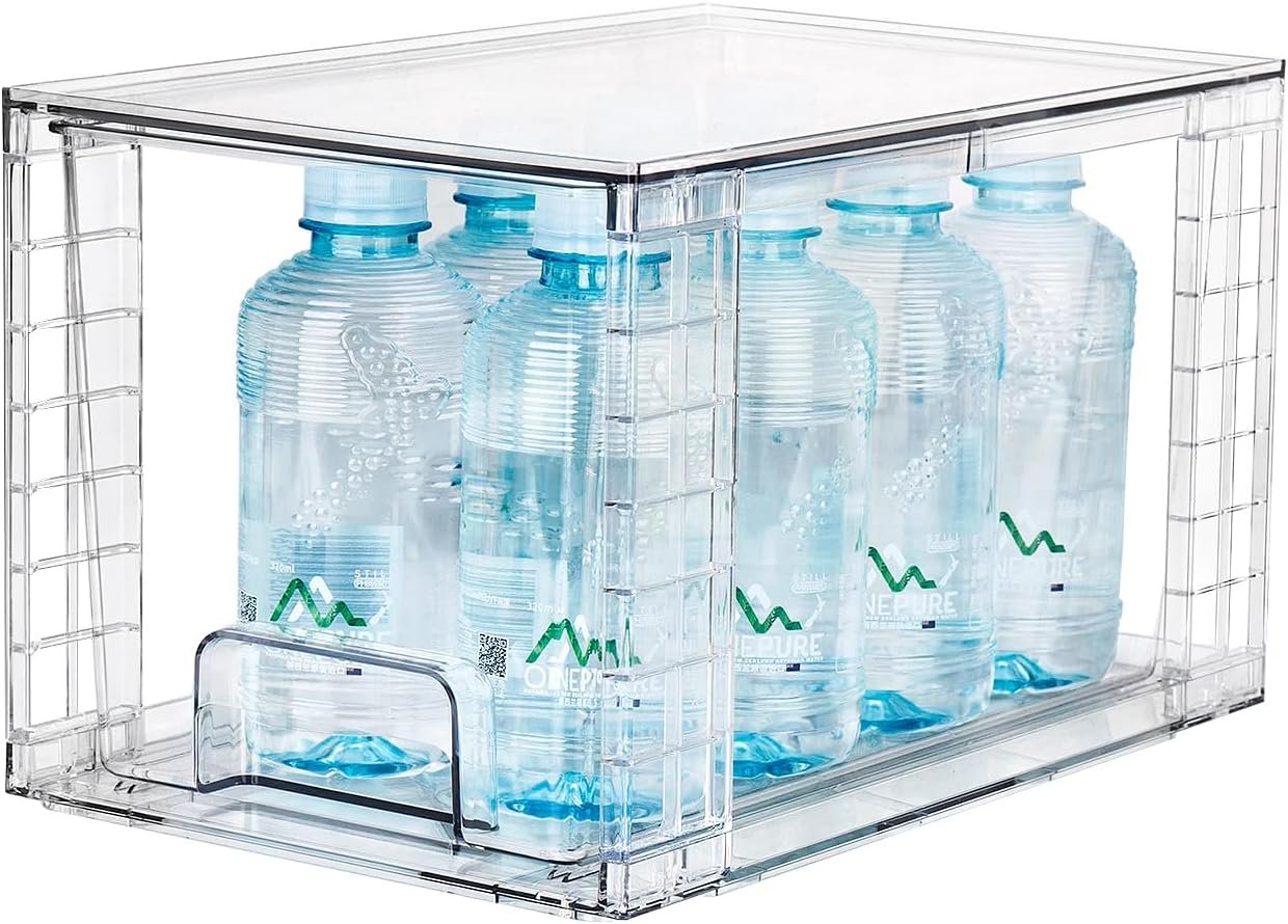 Zero Zoo 4Pack Large Stackable Kitchen Storage Drawers, Clear Foods Organizer Bins with Handles, Easily Assemble for Bathroom, Kitchen, Pantry, Cabinet, Closet (Down Handled)