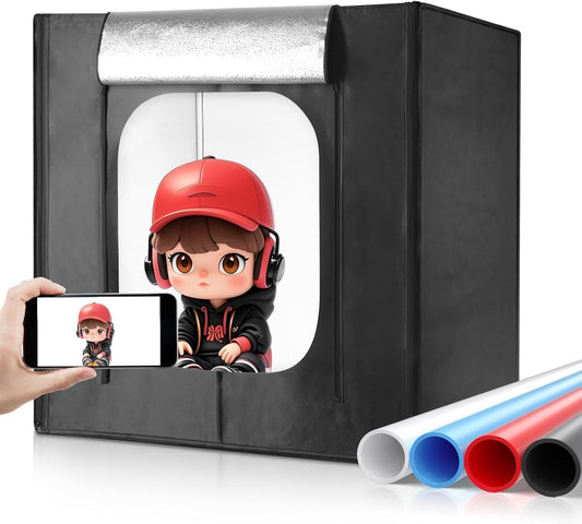 Photo Studio Light Box, Huzofexo 32" x 32" Portable Folding Professional Photography Large Lighting Box Shooting Tent Kit with High CRI95+ LED Lights & 4 Color Backdrops for Product Photography