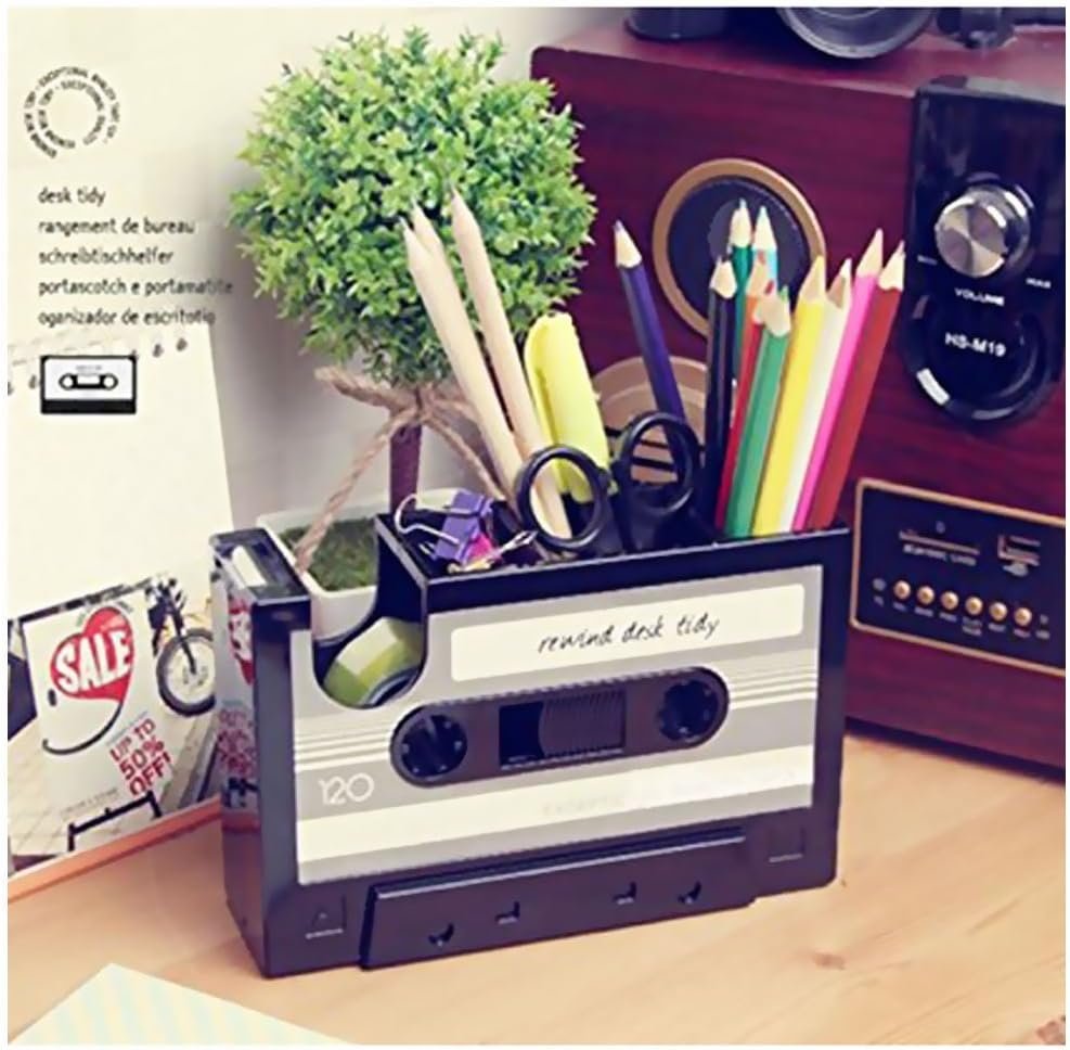 Cisixin Desk Tidy Retro Cassette Tape Dispenser Pencil Holder Pen Container Organize Your Desk Office Suppliers Student Stationary Great (Color Random)