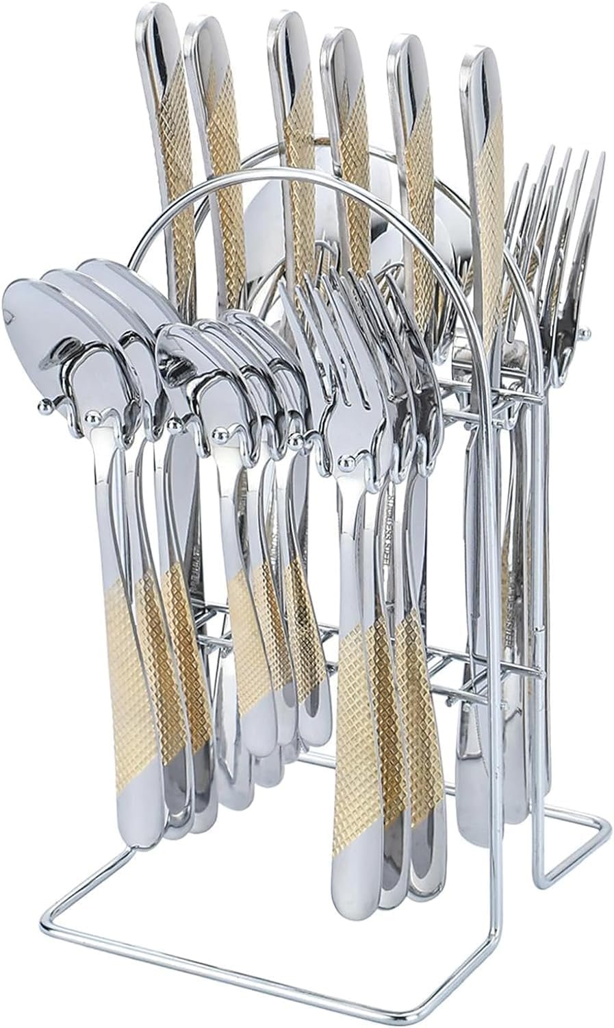 Gold Silverware Set, 24 Pieces Flatware Set with Silverware Holder, Stainless Steel Knives and Forks and Spoons Cutlery Set for 6, Kitchen Utensil Tableware Set with Antiskid Handle (Golden & Silver)