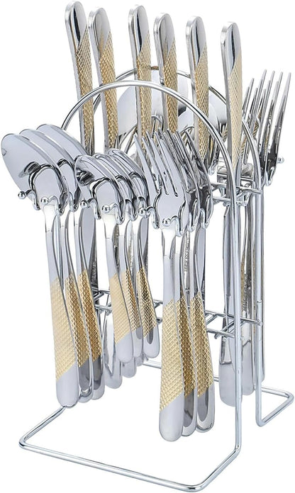 Gold Silverware Set, 24 Pieces Flatware Set with Silverware Holder, Stainless Steel Knives and Forks and Spoons Cutlery Set for 6, Kitchen Utensil Tableware Set with Antiskid Handle (Golden & Silver)
