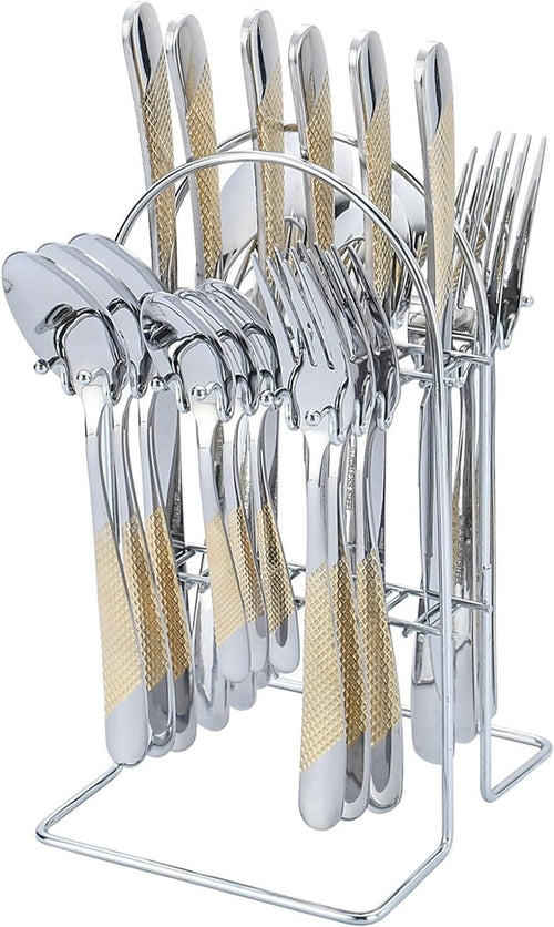 Gold Silverware Set, 24 Pieces Flatware Set with Silverware Holder, Stainless Steel Knives and Forks and Spoons Cutlery Set for 6, Kitchen Utensil Tableware Set with Antiskid Handle (Golden & Silver)