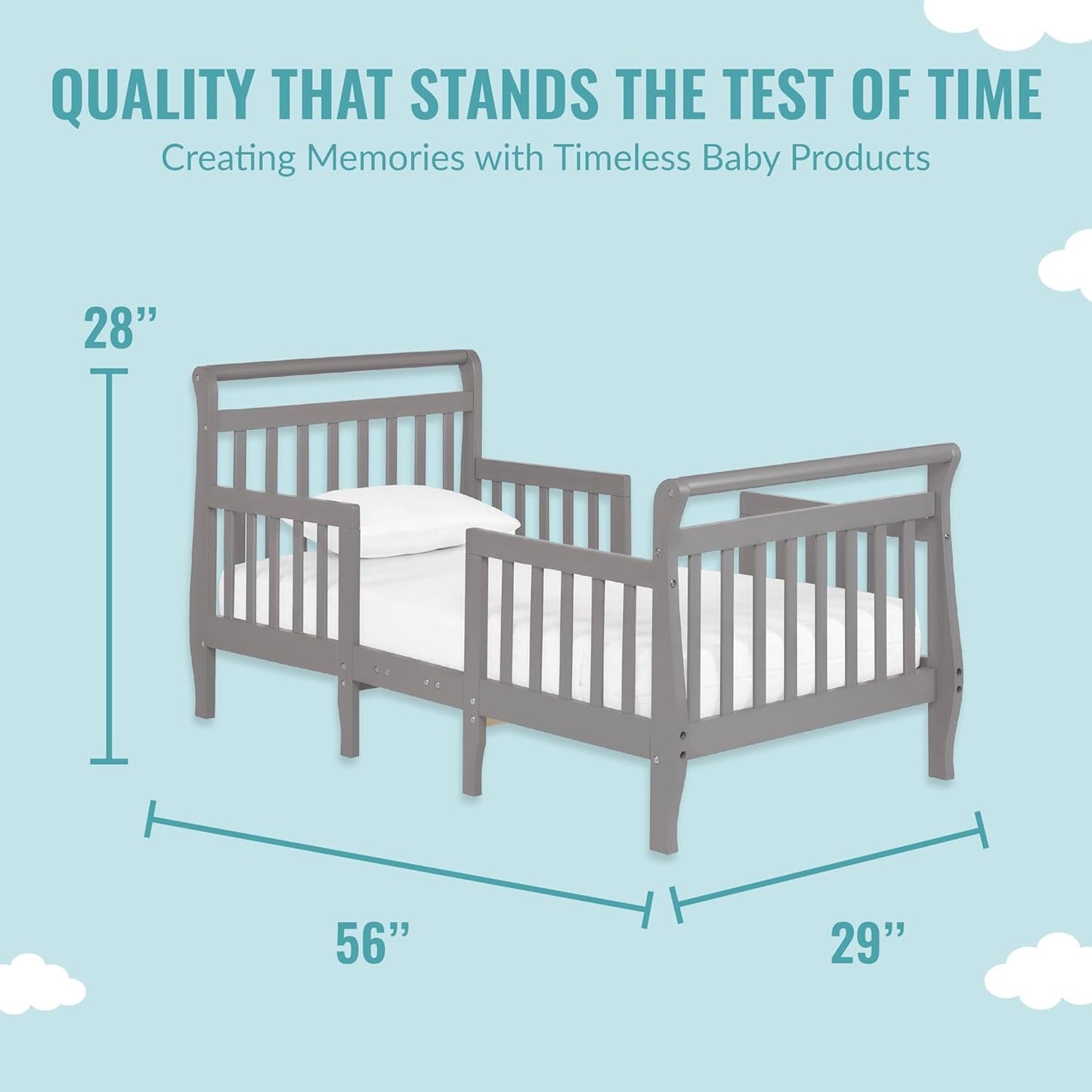Dream On Me Emma 3-In-1 Convertible Toddler Bed In Storm Grey, Non-Toxic Finish, JPMA Certified, 4 Wooden Safety Rails, Made Of Durable New Zealand Pinewood