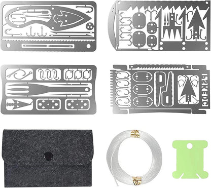 Survival Card Multitool Camping Kit with Fishing Line Gear, Multipurpose Credit Card Wallet Portable Survival Tool with Felt Bag for Outdoor Fishing Hiking Hunting, 7PCS
