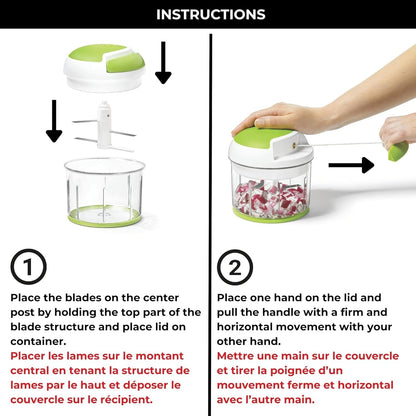 Starfrit Pull Chopper - Multi Purpose Manual Food Processor - Three Blade System for a Faster Cut - From Large Chunks to Purée - Self-Retracting Cord - Fruits, Vegetables, Meats and Crushes Ice
