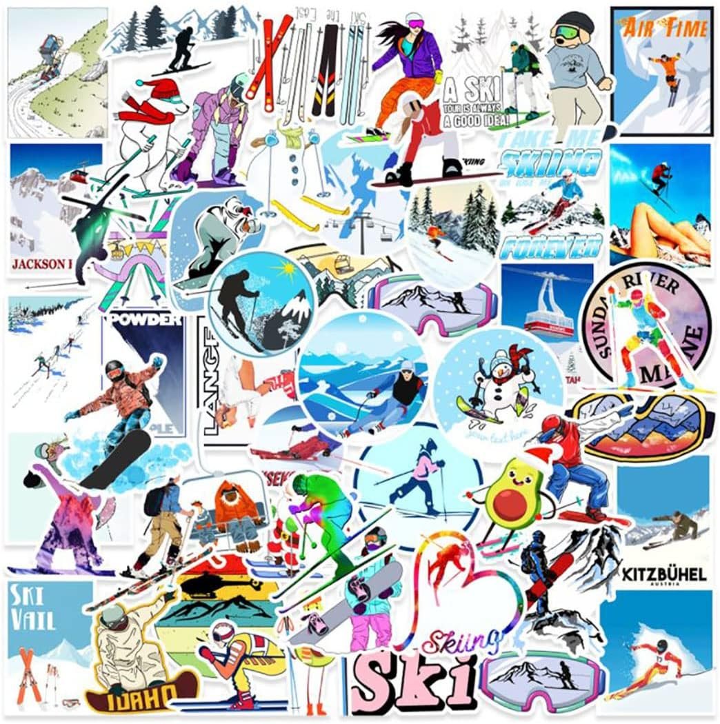 Ski Stickers 50 pcs Outdoor Skiing Sports Snowboard Decals for Laptops Water Bottles Luggage Adventure Camping Travel Hiking Waterproof Vinyl Stickers for Teens Adult