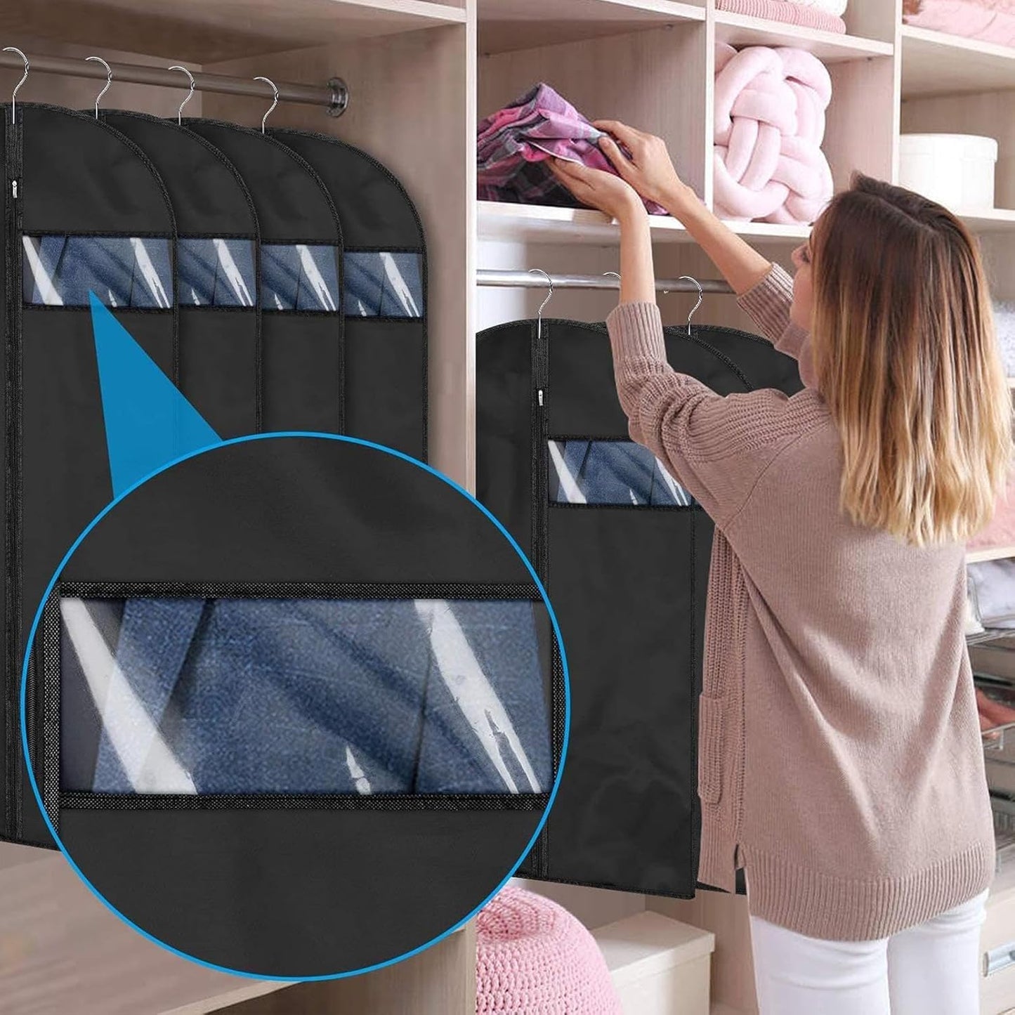 Bags, Coat Storage Organizers, Hangable Space Saver with Zipper, Dustproof Protective Cover Jackets, Shirts, Sweatshirts, Ideal for Closet Organization and Travel Clothing