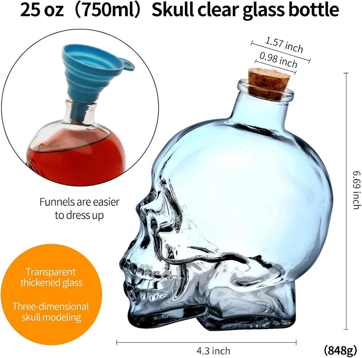 Skull Decanter Lead-free Glass Skull Prop Whiskey Bottle With Cork Stopper Halloween Decoration Novelty Drinkware 750ML (25OZ)