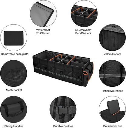Car Trunk Organizer and Storage with Removable Leakproof Cooler Bag, 6 Removable Dividers for Custom Space, Collapsible Trunk Storage with Non Slip Bottom, Foldable Cover. And 3 Year Warranty