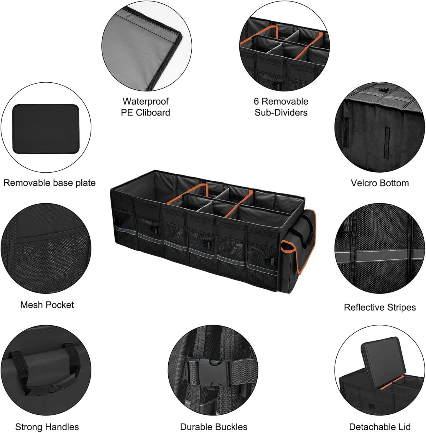 Car Trunk Organizer and Storage with Removable Leakproof Cooler Bag, 6 Removable Dividers for Custom Space, Collapsible Trunk Storage with Non Slip Bottom, Foldable Cover