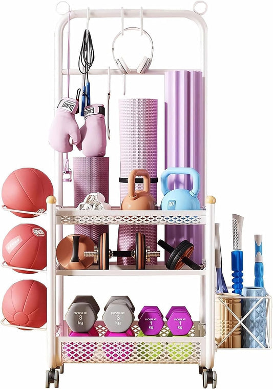 NOAEOU Home Gym 3-Tier Storage Shelf with Storage basket & Exercise Ball Rack, Weight Rack for Dumbbells Kettlebells and chute board, Yoga Mat Storage Rack with Sturdy and Lockable Casters