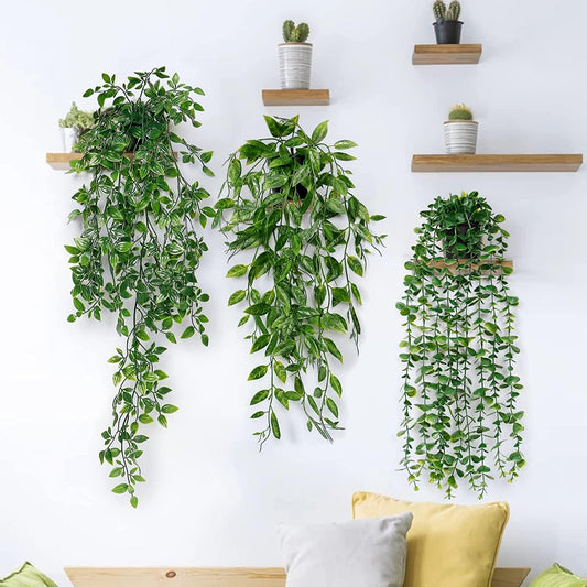 Avoik 3Pcs Artificial Hanging Plants-Artificial Hanging Plants Potted Greenery Decor-Eucalyptus Mandala Snow Pea Vine in Pot Plants for Office Farmhouse Home Indoor Outdoor Decor