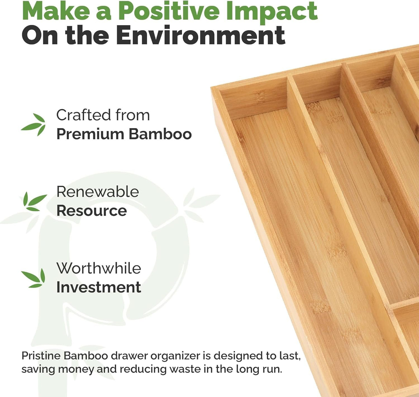 PRISTINE BAMBOO 10 inch silverware tray organizer– Flatware Utensil Cutlery Silverware Holder for Drawer – Small Extra-Deep Wooden Kitchen Drawer Organizer Divider for Spoons Forks Knives cutleries