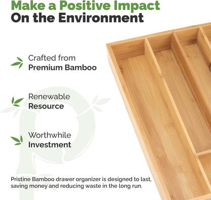 PRISTINE BAMBOO 10 inch silverware tray organizer– Flatware Utensil Cutlery Silverware Holder for Drawer – Small Extra-Deep Wooden Kitchen Drawer Organizer Divider for Spoons Forks Knives cutleries