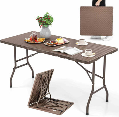 Costway 1.5m Folding Picnic Table, Outdoor Dining Table w/Rattan Grain HDPE Tabletop, Sturdy Metal Fame, Non-Slip Foot Pads, 4-6 Person Camping Table for Patio Garden Deck Yard