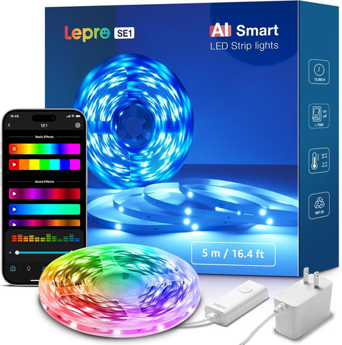 Lepro SE1 AI Led Strip Lights, Work with Alexa & Google WiFi Led Lights Strip for Bedroom, LLM RGB LED Lights, Segmented DIY, 16.4ft Music Sync Bluetooth LED Lights for Room, Kitchen