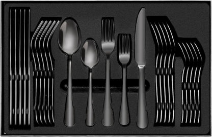 Black Cutlery Set, 30 Piece Stainless Steel Dinnerware Set, Flatware Set Service for 6, Silverware Utensil Set with Knife, Fork, Spoon, Dessertspoon, Use for Home, Restaurant and Gift with Gift Box