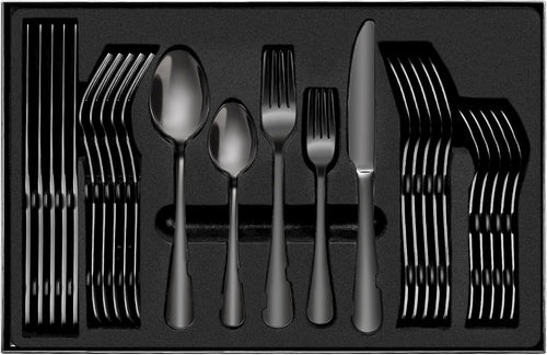 Black Cutlery Set, 30 Piece Stainless Steel Dinnerware Set, Flatware Set Service for 6, Silverware Utensil Set with Knife, Fork, Spoon, Dessertspoon, Use for Home, Restaurant and Gift with Gift Box