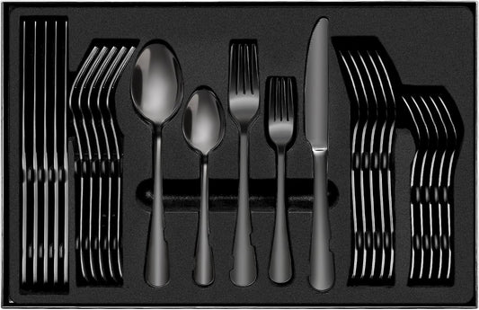 Black Cutlery Set, 30 Piece Stainless Steel Dinnerware Set, Flatware Set Service for 6, Silverware Utensil Set with Knife, Fork, Spoon, Dessertspoon, Use for Home, Restaurant and Gift with Gift Box