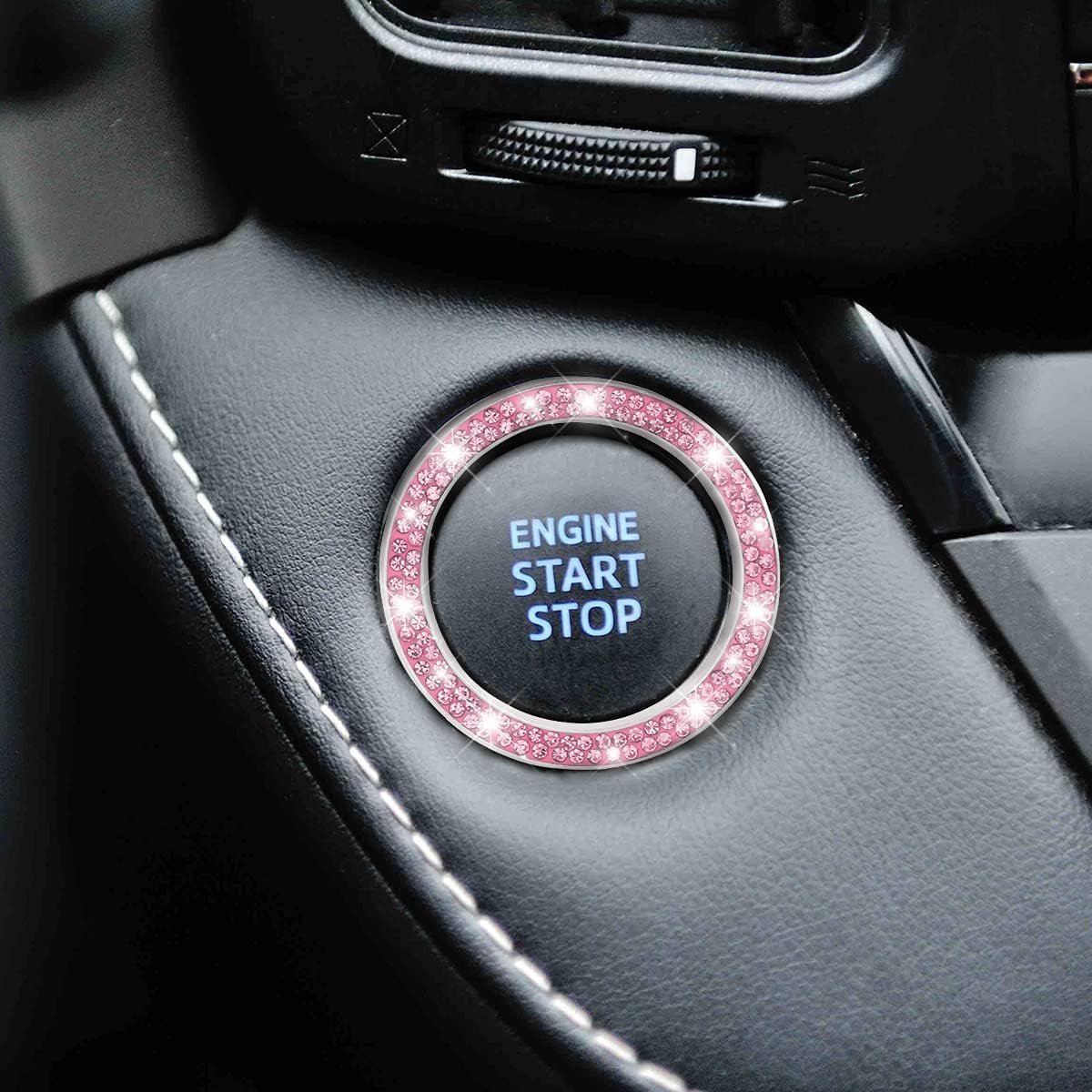Car Bling Crystal Rhinestone Engine Start Ring Decals, 2 Pack Car Push Start Button Cover/Sticker, Key Ignition Knob Bling Ring, Sparkling Car Interior Accessories for Women (Pink1)