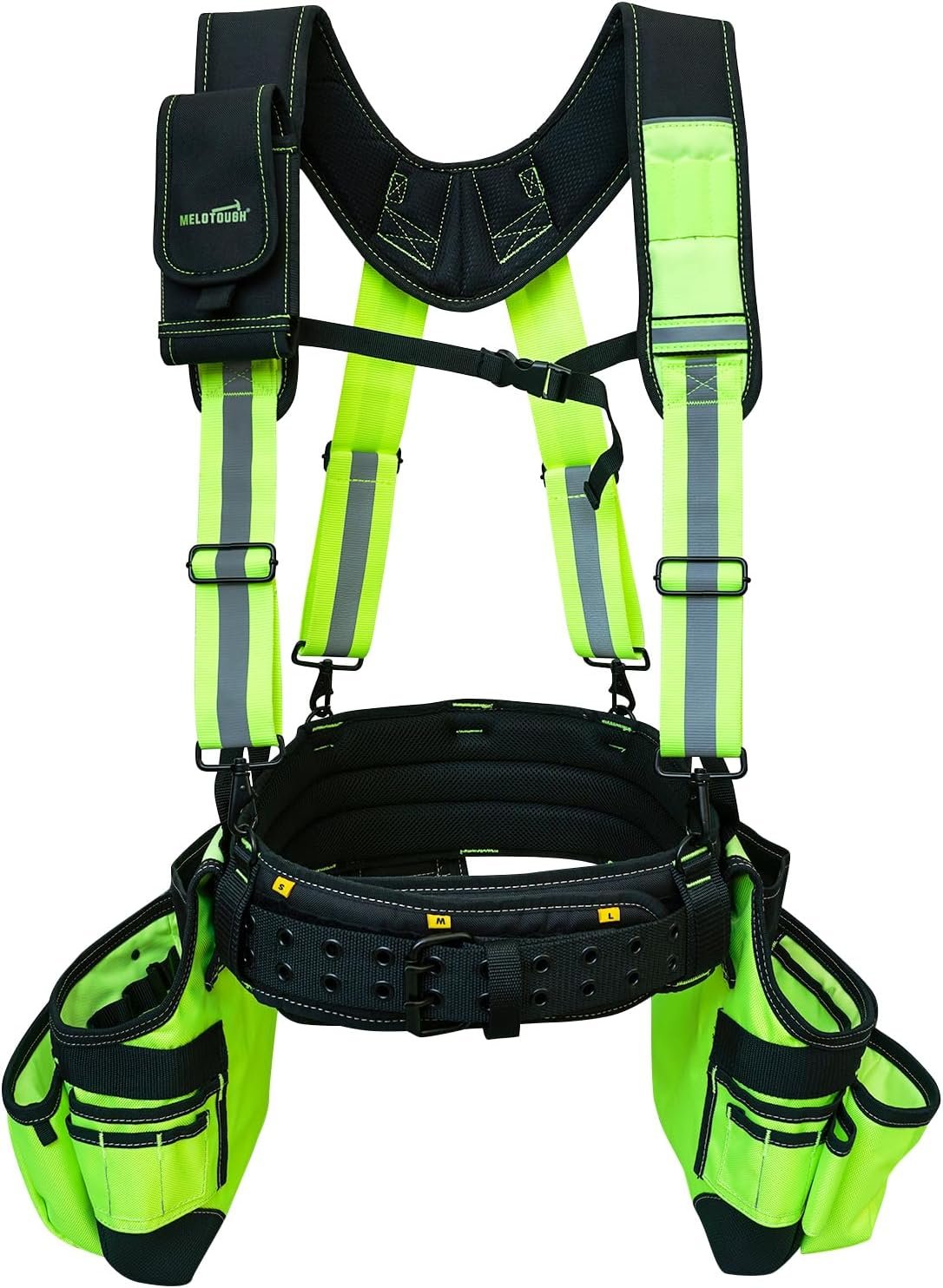 MELOTOUGH Reflective Safety Tool Belt with Suspenders Hi Vis Tool Bag Suspenders Tool Belt Construction Heavy Duty Work Suspension Rig (Hi Viz Lime)