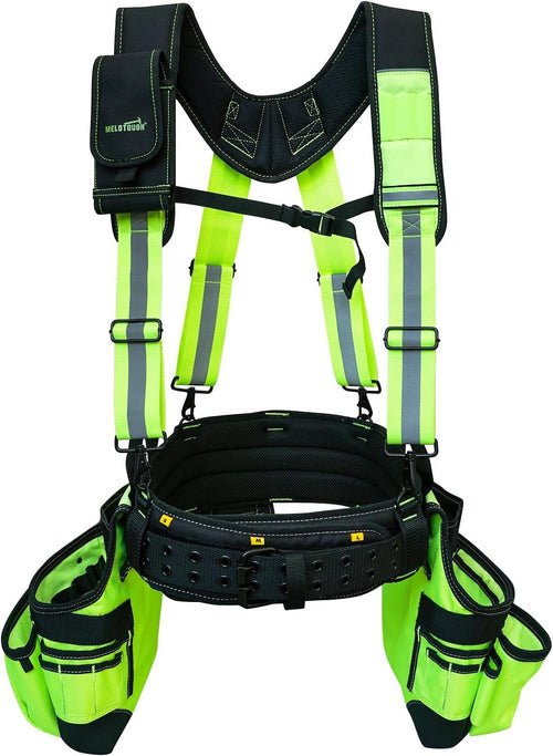 MELOTOUGH Reflective Safety Tool Belt with Suspenders Hi Vis Tool Bag Suspenders Tool Belt Construction Heavy Duty Work Suspension Rig (Hi Viz Lime)