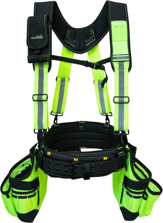 MELOTOUGH Reflective Safety Tool Belt with Suspenders Hi Vis Tool Bag Suspenders Tool Belt Construction Heavy Duty Work Suspension Rig (Hi Viz Lime)