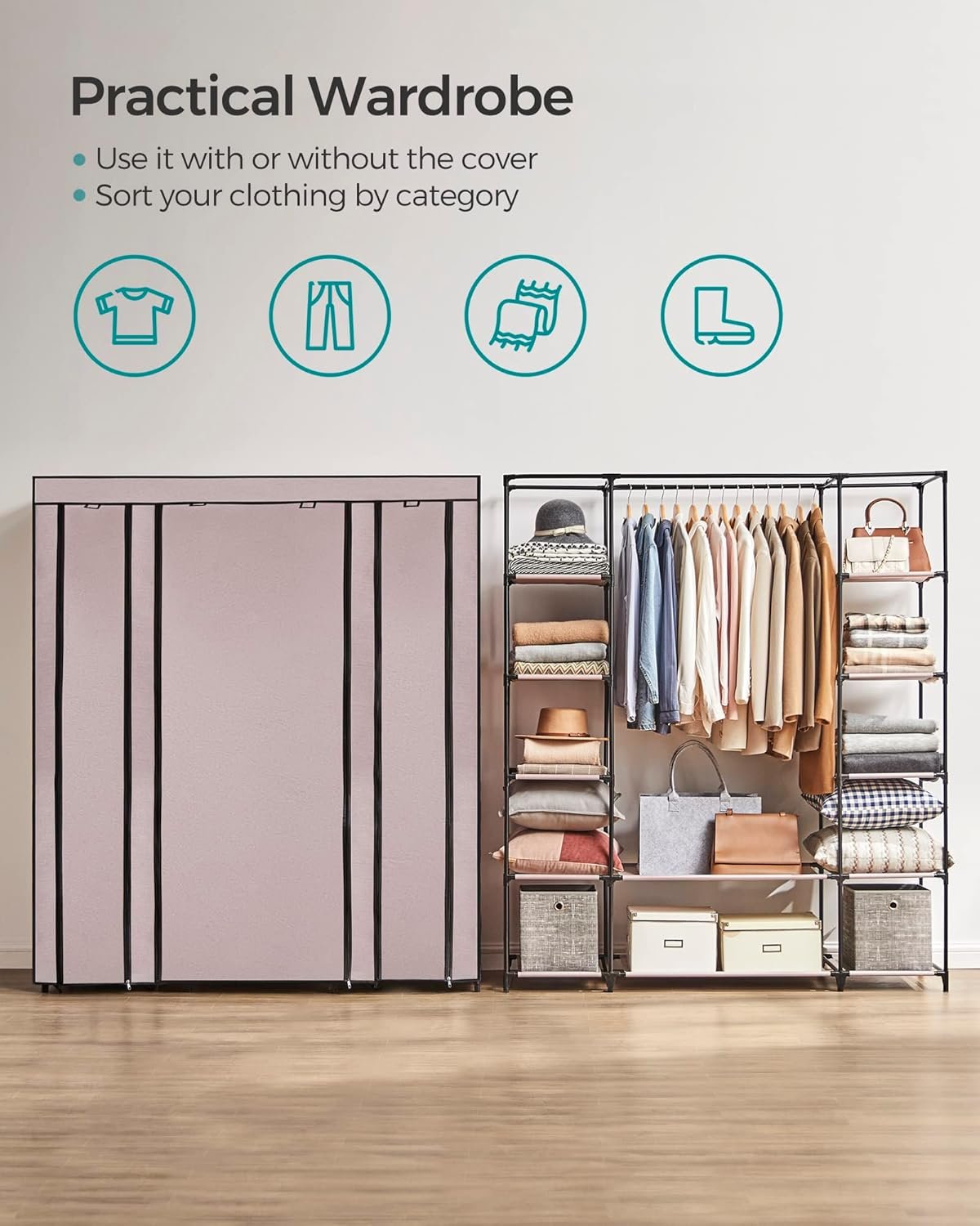 SONGMICS Closet Wardrobe, Portable Closet for Bedroom, Clothes Rail with Non-Woven Fabric Cover, Clothes Storage Organizer, 59 x 17.7 x 69 Inches, 12 Compartments, Dusty Pink ULSF003P02