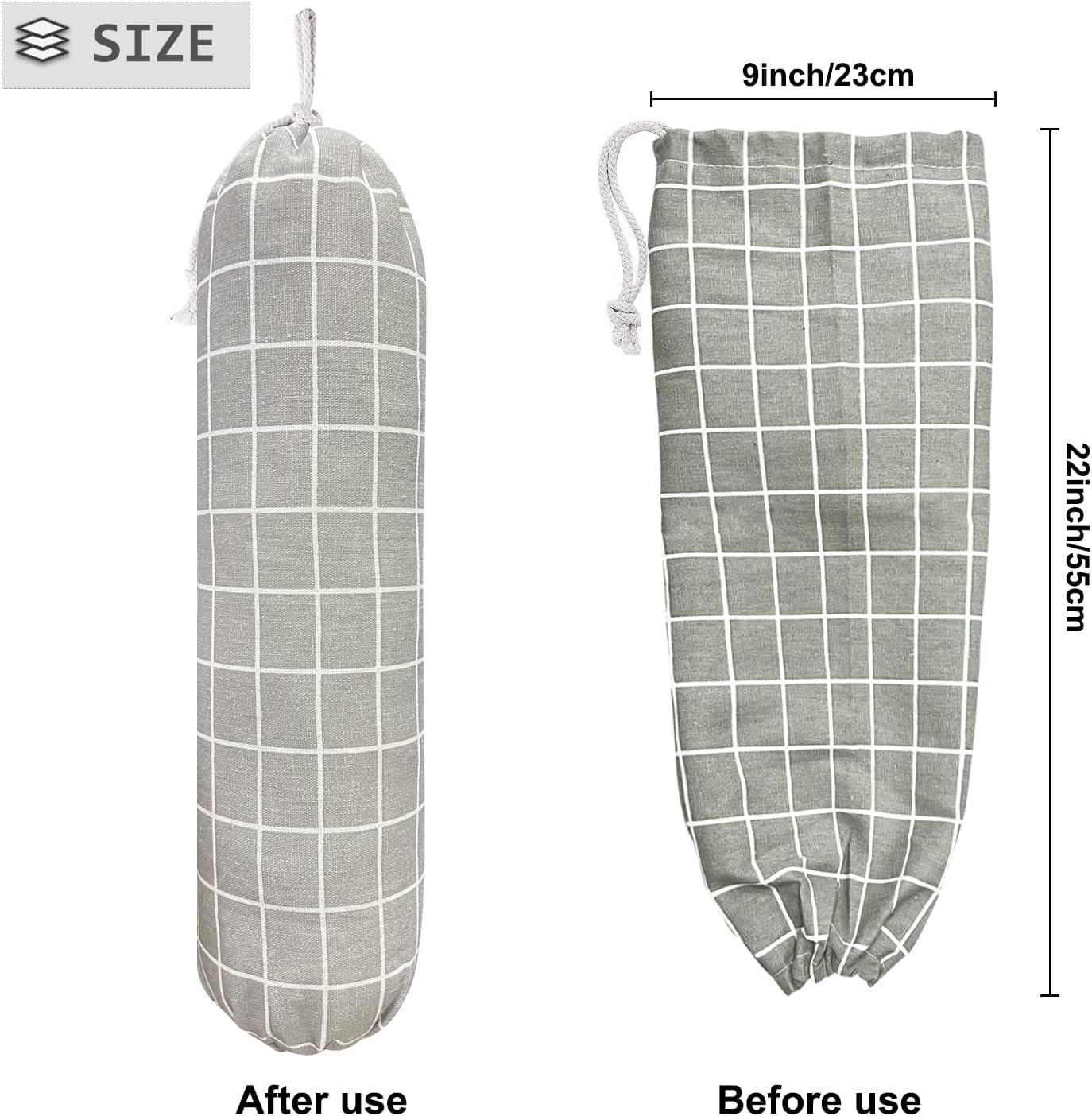 SYIPO Plastic Bag Holder, Wall Mount Organizer, Shopping Bags Carrier, Washable Large Grocery Storage Dispenser for Home Kitchen Travelling, Free Adjustment with Drawstring (Check Gray)