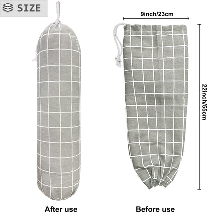 SYIPO Plastic Bag Holder, Wall Mount Organizer, Shopping Bags Carrier, Washable Large Grocery Storage Dispenser for Home Kitchen Travelling, Free Adjustment with Drawstring (Check Gray)